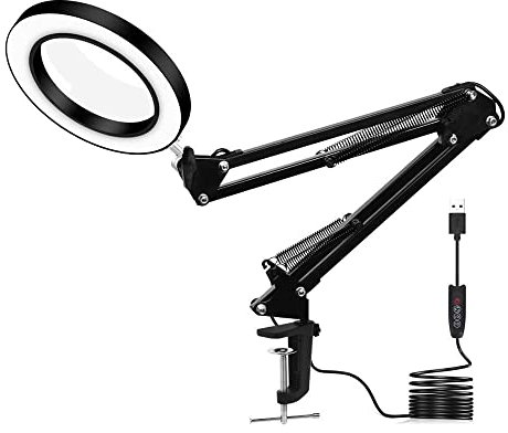zalati Schreibtischlampe mit Klemme, 5-fache Lupe, Farben und 10 Helligkeiten, dimmbare Lupe, LED-Lampe, 43,2 cm, verstellbarer Schwenkarm für Innenarbeiten