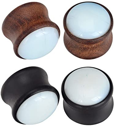 Longbeauty 2 Paare Holz Ohr Tunnel Plugs 10MM Double Flared Earlet Expander Stretching Ohrpiercing Schmuck, Weißer Stein