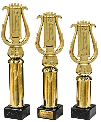 eberin Gesang & Musik Pokal mit Gravur/Wunschtext · Musikinstrument Harfe · Leier auf Goldsäule/Marmor schwarz · Klassische Musik Pokal in 3 Größen erhältlich · (29,3 cm)