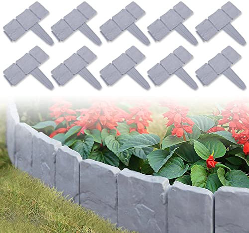 TRMLBE Rasenkante 10pcs 2,5m Kunststoff Beetumrandungen T-Form Steinoptik Gartenzaun PP-Material Rasenkantenprofile mit Schnell-Verbindung Beetbegrenzung Beeteinfassung für Garten Deko, Grau