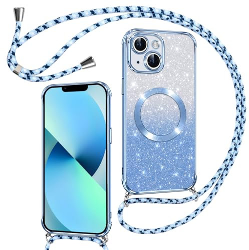 Phoona Handyband Hülle für iPhone 13 mit Band [kompatibel mit MagSafe], Luxuriöse Glitzer Beschichtung Magnetische Handyhülle für iPhone 13 Silikon TPU Stoßfest Schutzhülle, Blau