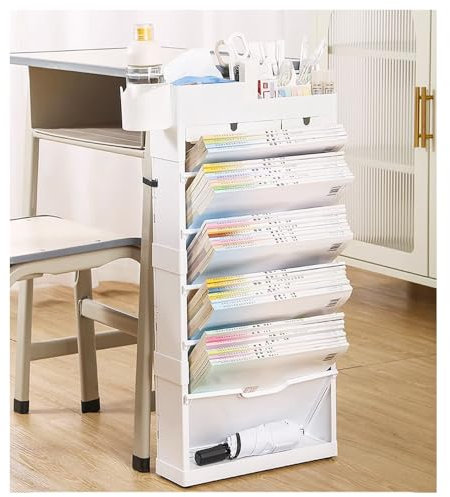 NUODWELL Mobiles Bücherregal mit Rollen, 7 Ebenen, faltbares Bücherregal aus Kunststoff, multifunktional, abnehmbar, Schreibtisch-Bücherregal für Klassenzimmer, Schlafzimmer und Wohnzimmer (Weiß)