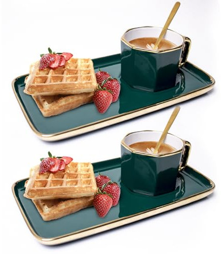 Tiamo Classic Green Porcelain Teacup and Saucer Set of 2,6 Ounces Coffee Cup for Cappuccino, Latte and Afternoon Tea