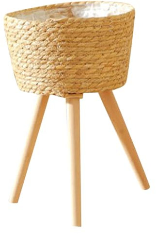 Happyyami Support De Jardinière Au Sol Pot De Fleurs Support De Décoration De Jardin Paniers en Osier sur Pieds Panier D'intérieur en Rotin Récipient en Pot en Bois Paille Panier en Rotin