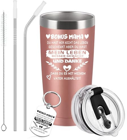 Diztoud Bonus Mama Geschenk, Weihnachtsgeschenke für Mama, Stiefmutter, Geschenke zum Weihnachten, Danke Mama, 20oz 600ml Doppelwandig Edelstahl Thermobecher mit Deckel und Strohhalm Schlüsselanhänger