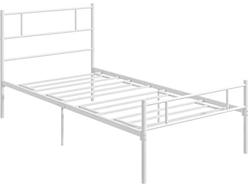 HOMCOM Single Metal Bed Frame Solid Bedstead Base with Headboard and Footboard, Metal Slat Support and Underbed Storage Space, Bedroom Furniture, White