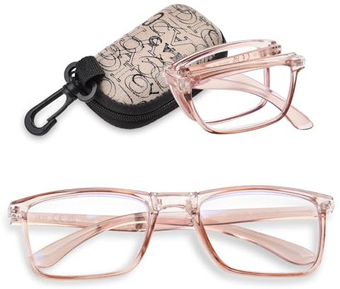 YUKANG Faltbare Lesebrille Damen und Herren, Tragbare Brille Superleichte Anti-Müdigkeit, Blaulichtfilter Lesehilfe für Senioren Sehhilfe mit Blendfreie UV Brille (Durchsichtig Hellrosa 3.0)
