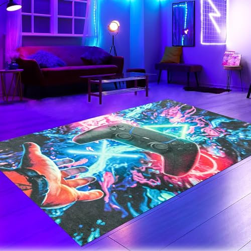 CARPETIA Teppich Gamerzimmer waschbar kurzflor pflegeleicht schwebender Kontroller mit leuchtenden Symbolen in bunt, 200 x 290 cm