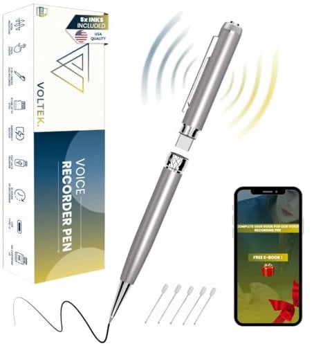 VOLTEK Penna Spia Registratore Audio - Cattura la Voce con Il detettore dittafoni Vocale. Mini registratore di ascolto remoto con memoria da 64 GB – E-Book gratuito incluso
