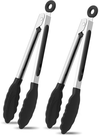 PHYTONICS 2PC Pince Cuisine Silicone,Pince de Cuisine,Pince Cuisine Inox,Pince Alimentaire,Pince Barbecue,avec Poignée Silicone Résistante, pour la cuisson au barbecue,22 cm Noir, TYUG9852