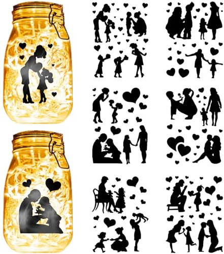 CREATCABIN 6 Sheets 6 Styles Mother's Day Mason Jar Decals Heart Stickers Die Cuts Silhouettes Self-Adhesive PVC Waterproof for Craft Scrapbook Lantern Jars Wall Windows Glass Phones Cup 7.8x5.9Inch