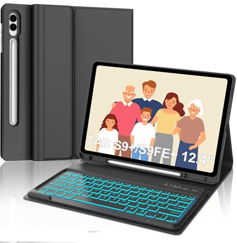 Tastatur für Samsung Galaxy Tab S10+/S9FE+/S9+, Hülle Tastatur Kompatibel mit Samsung Tab S9/S9FE/S10 Plus 12.4 Zoll 2023/2024, 7-Farbige Beleuchtung Bluetooth Magnetisch mit QWERTZ Layout, Schwarz