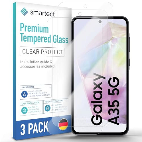 smartect Verre Trempé [3 Pièces, Clear] pour Samsung Galaxy A35 5G, Protecteur d'écran en Verre HD Anti Rayures, Sans Bulles, Dureté 9H, 0.3mm Ultra Transparent, Ultra Résistant