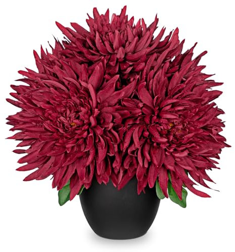 Oairse Flores artificiales de crisantemo en maceta, 5 cabezas de flores grandes de seda en maceta negra, crisantemo falso rojo para arreglos florales, hogar, oficina, baño, estante, centro de mesa