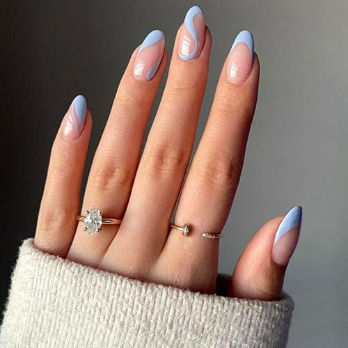 24Pcs Press on Nails Short French Tips Fake Nails Acrylic Square False Nails Summer Reusable Artificial Almond Blue Nails for Women and Girls