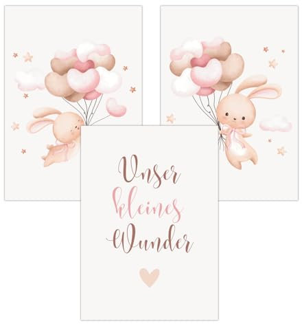 FAVELOT Poster Kinderzimmer Mädchen A4 - Hasen, Herzen, Rosa - Bilder Babyzimmer Deko - Deutscher Premium-Druck - 3er Set Din A4, silberne Rahmen
