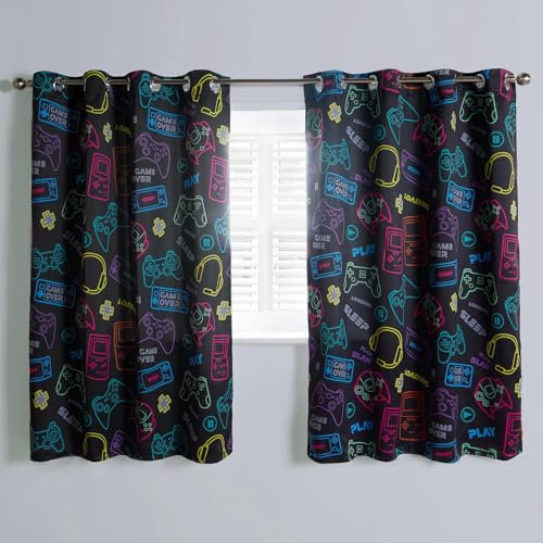 OHS Gaming Curtains - Blackout Eyelet Two Panel Curtains for Boys Bedroom - Energy Saving Light Blocking - Black, 46 x 54