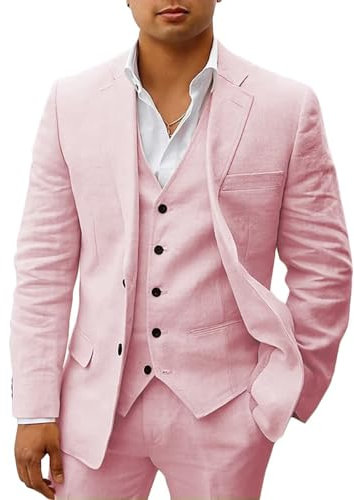HUUTOE Costume 3 pièces en lin pour homme - Pour la plage, les mariages, les garçons d'honneur - Costume d'été décontracté - Blazer en lin - Gilet et pantalon de smoking, Dusty Rose., Taille 6XL