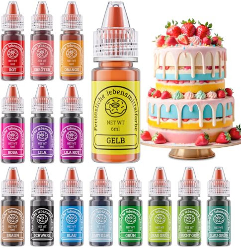 Fettlösliche Lebensmittelfarbe 15 Farben X 6ml - Lebensmittelfarben ölbasis für Schokolade, Fondant, Cupcakes, Kuchen, Backen, Macaron - Food Coloring für Tortendeko - 6ml