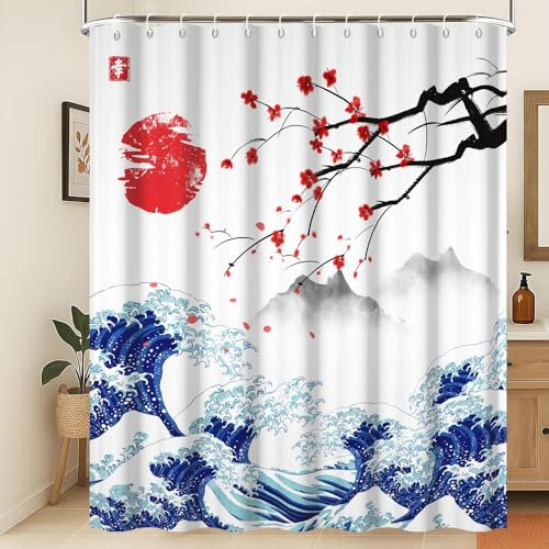Xiaoterna Traditionelle japanische Malerei Duschvorhang Kanagawa Große Welle Duschvorhang Rote Kirschblüten und Sonne Japanische Berglandschaft Anti Schimmel Wasserdicht Badezimmer Vorhang 180x200cm