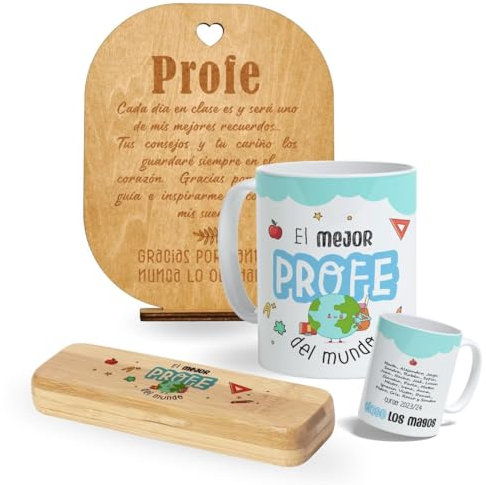 Pack regalo profesor Navidad o fin de curso. Pack Taza personalizada, caja de madera con bolígrafo y tarjeta de agradecimiento de madera para profes. Regalo original Navidad profes. Detalles bonitos.
