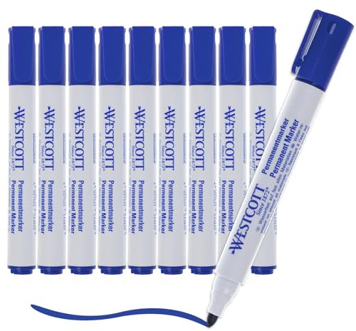 Westcott Pennarelli indelebili 10 pezzi blu | Pennarelli impermeabili | Punta rotonda da 1,5-3,0 mm | Ricaricabili, resistenti alla luce, asciugatura rapida, a prova di sbavature | E-713007 00