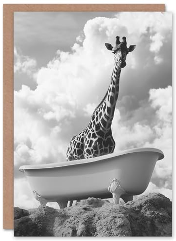 Artery8 Greeting Card Giraffe in Bathtub on a Hill Black White Surreal Blank For Him Or Her Art Birthday Card