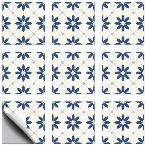 CHGCRAFT 18 Pz Blu fiori geometrici piastrelle adesivi impermeabile piastrelle adesivi autoadesivi Peel and Stick per cucina bagno camera da letto parete pavimento decorazione, floreale, 6x6 pollici