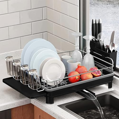MENGCOOL Abtropfgestell Geschirr, Abtropfgestell mit Besteckhalter, Tassenablage, Abtropfschale und Drehbarem Auslauf, platzsparendes Geschirrabtropfgestell für die Küchenarbeitsplatte, Grau
