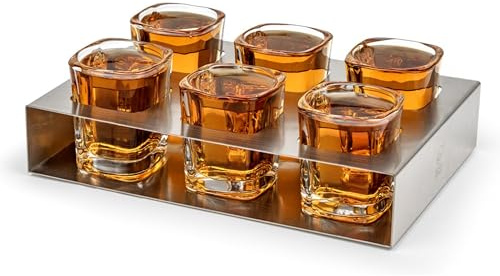 Shotgläser Set 6-teilig - Schnapsgläser mit passender Halterung aus Edelstahl - Tablett mit 6 kleinen Gläsern für Liköre, Silver