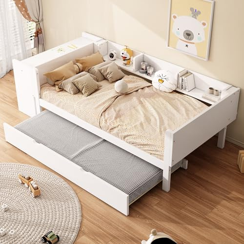 RIAZOS Kinderbett 90x200 mit Regale und Schreibtisch, Einzelbett mit Ausziehbett, Tagesbett mit Lattenrost, Massivholz Kiefer Holzbett, Multifunktionsbett, ohne Matratze, Weiß