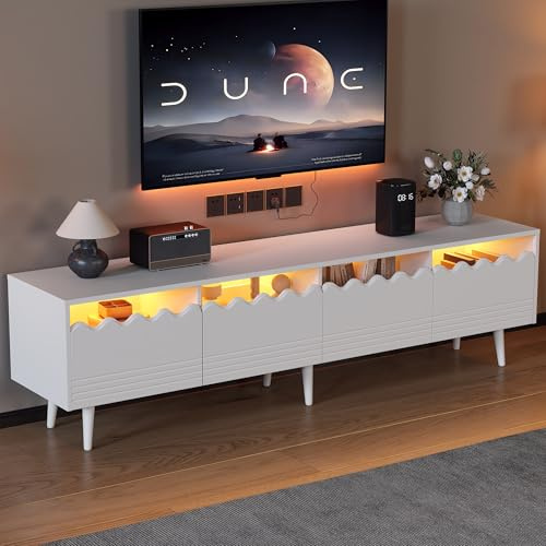 Merax TV-Schrank mit LED-Beleuchtung, Fernsehschrank mit 2 Türen und 2 Schubladen, TV-ständer für Fernseher bis zu 75 Zoll, TV Lowboard für Wohnzimmer Schlafzimmer Esszimmer, TV Möbel, 176cm, Weiß