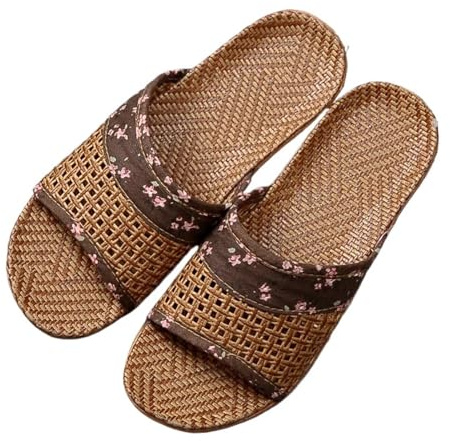 KBLDOPN Zapatillas de paja transpirables for mujer, zapatillas de interior de lino for el hogar(Coffee,9-9.5(25-25.5cm))