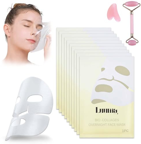 10 mascherine biologiche per collagene con set di pietre Gua Sha, maschera per collagene durante la notte, anti-rughe, coreano e rullo per il viso, quarzo rosa, per la cura della pelle