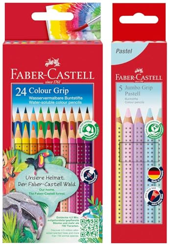 Faber-Castell 112424 Colour Grip Buntstifte für Kinder, 24er-Buntstifte-Set, Malstifte mit Grip und dreieckigem Schaft, wasserlöslichen Pigmenten (24 Stück + 5 Jumbo Pastell)