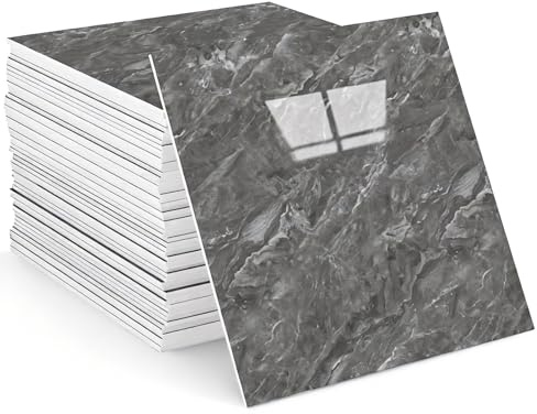 12PCS Self Adhesive Floor Tile, 30x30cm Marble Tiles Stickers, Waterproof Stick on Wall Marble Tile, PVC Peel and Stick Wall Panels for Decorative Kitchen, Bathroom, Living Room, Art DIY (Grey)