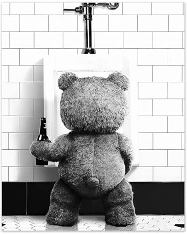 Funny Bathroom Wall Art Black and White Bear Design, Frameless Oil Canvas Toilet Pictures for Walls, Rolled No Crease Posters and Prints for Bathroom Office Living Room