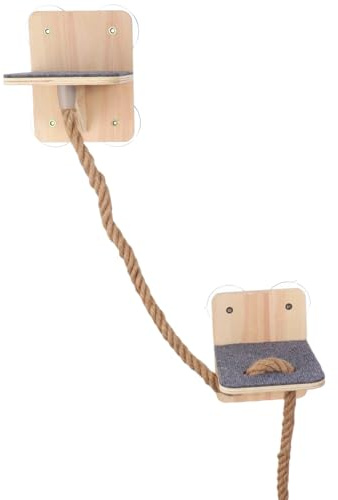 Cat Wall Ladder with 7.5 ft Hemp Rope, Suction Cup Hanging Bed, Multi-Level Climbing Shelf, Wood Scratcher Post 8.7 x 7.3 x 7.3 in for Play Rest