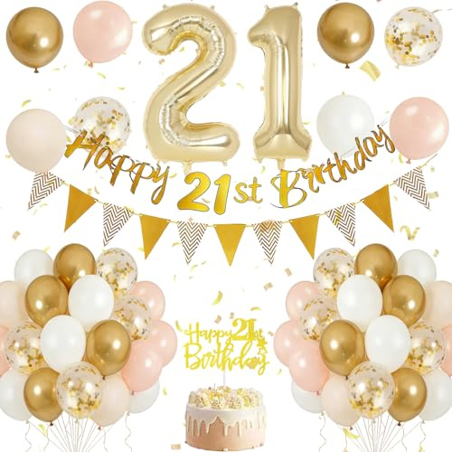 21. Geburtstag Deko Hellgold, Luftballon Deko 21. Geburtstag für Jungen und Mädchen, Metallic-Gold Beige Weiß Hautton Goldglitzer Luftballons Girlande mit Tortendeko für Geburtstagsdeko 21 Jahr