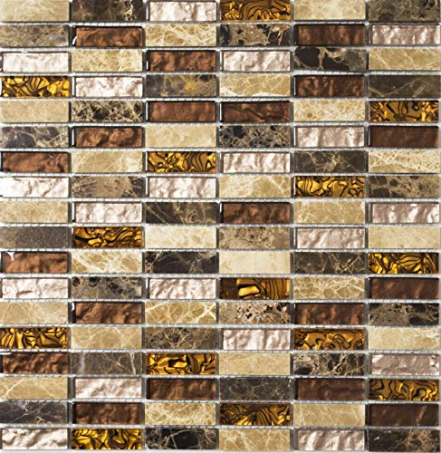 Mosaik Fliese Transluzent beige braun Stäbchen Glasmosaik Crystal Stein beige braun für WAND BAD WC DUSCHE, Mattengröße: 298x304 = 0,09 qm, Steingröße: 15x48x8 mm - 1 Matte