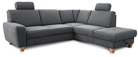 Cavadore Ecksofa Wisconsin mit Bettfunktion / Schlafsofa mit Federkern / Inkl. 2 Kopfstützen + Stauraum / Landhausstil / Holzfüße in Buche / Mikrofaser / Größe: 248 x 88 x 215 cm (BxHxT) / Farbe: Grau