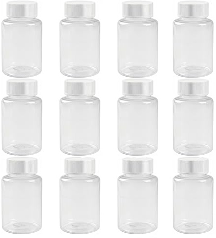 Lot de 12 bouteilles vides en plastique transparent de 50 ml avec bouchon à vis blanc - Boîte à poudre solide rechargeable - Pour distribuer différents articles