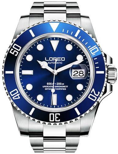 LOREO Mens Silver Stainless Steel Sapphire Glass Black Rotating Bezel Men's Automatic Watch