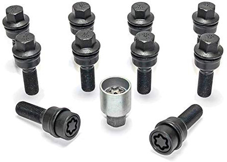 H&R Radschrauben Satz Kugelbund mit bewegliche Kugelbund R14 M14x1.50 - Länge 45mm - Schwarz - 10 Stück (z.B. kompatibel mit Audi Q3, Q5) - inkl. Felgenschloss