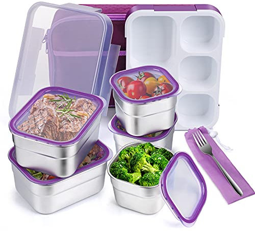 DaCool Lonchera Bento de acero inoxidable para niños, a prueba de fugas, sin BPA, contenedor de almuerzo escolar, 5 compartimentos con bolsa de almuerzo y tenedor para niños pequeños y adultos,
