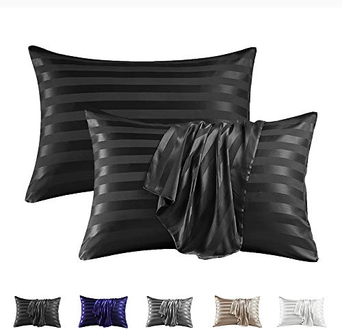 MR&HM Satin Pillowcase for Hair and Skin, Silk Satin Pillowcase 2 Pack, Standard Size Pillow Cases Set of 2, Silky Pillow Cover with Envelope Closure (20x26, Black Striped)