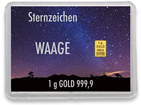 Goldbarren 1g – Sternzeichen Motivbox – Geschenk - Valcambi ESG - Feingold 999,9 (Waage: 24. September - 23. Oktober)