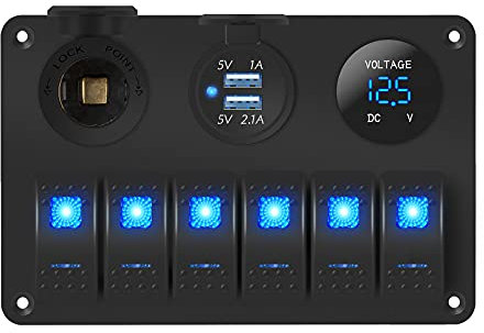 DaierTek Panneau de commutation à bascule étanche 12 V 6 interrupteurs à bascule 12 V LED bleue pour voiture, camion, camping-car, UTV, ATV avec prise allume-cigare USB et voltmètre
