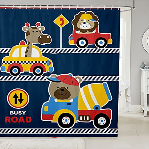 Kids Cartoon Cars Bath Curtain Busy Road Shower Curtain Cute Animal Driver Bathroom Curtains with Hooks for Boys Girls Colorful Bedroom Toddler Vehicles Cloth Fabric 72x72 Inch