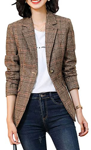 ebossy Women’s Boyfriend Blazer with Notched Lapels, Two Buttons and Houndstooth Pattern, Brown., M